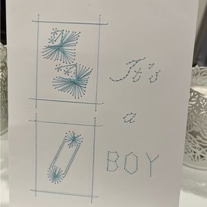 Hand embroidery card for baby shower or newborn baby boy